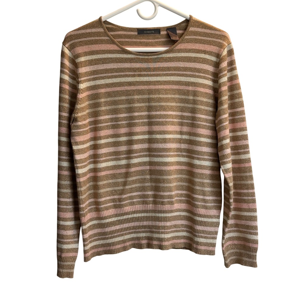 Liz Claiborne Womens XL Metallic Striped Sweater Gold Pink Shimmer Crew Neck